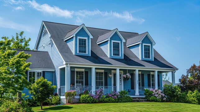 Suburban Cape Cod home with a freshly painted blue exterior, complementing the clear blue sky