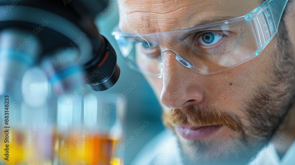 Poster focus on a modern microscope and laboratory equipment, emphasizing the tools used by scientists and 