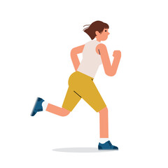 Fototapeta premium Woman running. Active girl jogging. Runner, cardio exercise, workout. Young female jogger training in sport shorts and sneakers. Flat vector illustration isolated on white background.