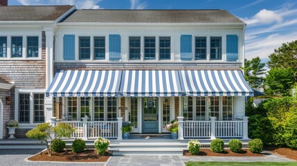 Fototapeta premium Suburban Cape Cod home with a blue and white striped awning over the front door, providing shade and adding a touch of beachside charm