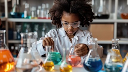 A young girl in a laboratory setting wearing safety glasses, carefully mixing colorful liquids in beakers, representing curiosity and the pursuit of knowledge in science.