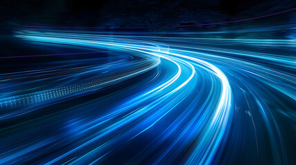Bright blue light trails curve dynamically against a dark background, creating a sense of speed and motion.