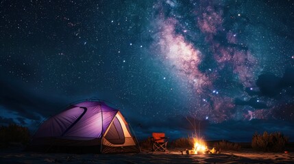A campsite with a tent and a campfire, set against a night sky filled with stars and the Milky Way