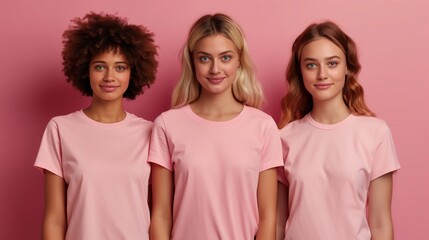 Three women in pink shirts stand side-by-side, smiling