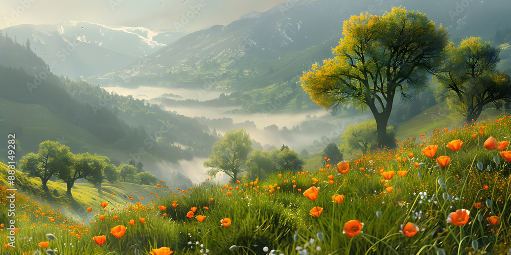Poster Fields with trees in fog