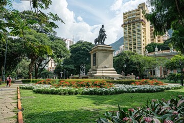 Historic Bolivar Square in Caracas Featuring a Majestic Equestrian Statue Surrounded by Vibrant Gardens