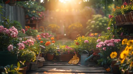 A beautiful garden scene, wide-angle shot capturing garden tools neatly placed on a rustic wooden table. The tools, such as a spade, gloves, and a watering can, are bathed in soft sunlight.