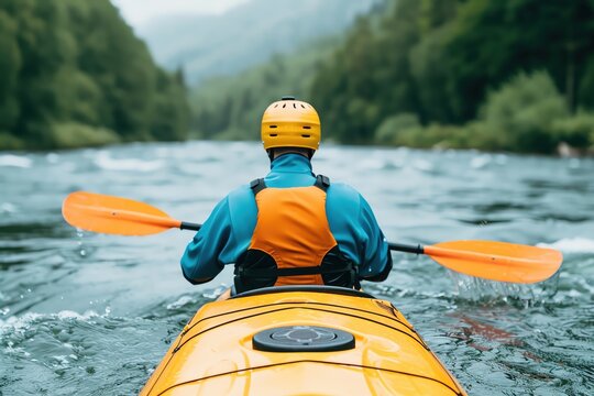 Kayakers back in water sports gear, paddling through rapids, digital illustration, cool tones, dynamic and adventurous
