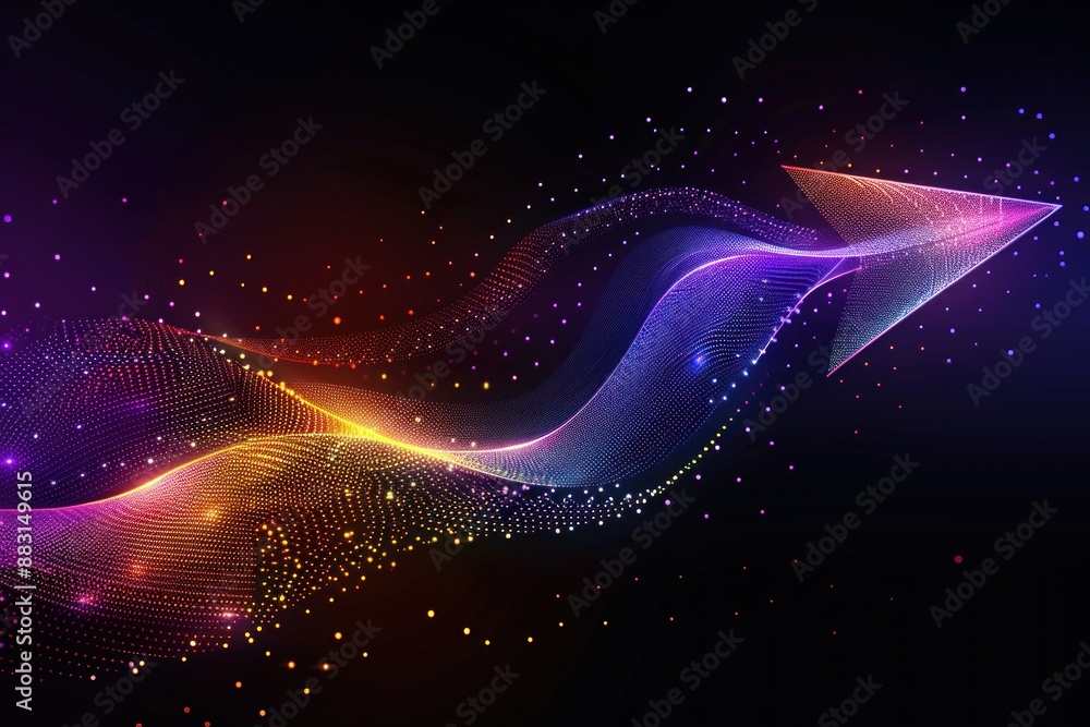 Poster an abstract image of a digital arrow rising on a black background, surrounded by a colorful wave of 