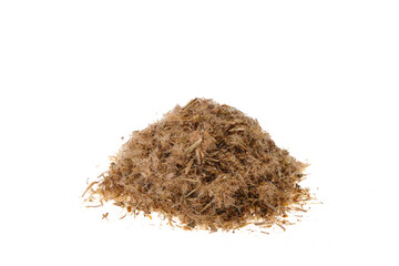 Pile of dried arnica flowers (Arnica montana). Close-up, front view, isolated on a white background.
