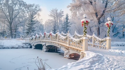 Snow-covered bridge adorned with festive decorations in winter landscape