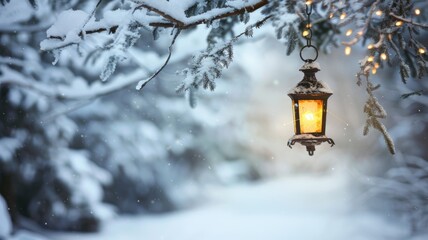 Glowing lantern hanging from snowy tree branch with softly falling snowflakes