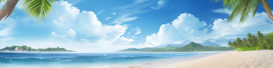 Obraz premium Wide panoramic photo of the ocean and sandy shore with palm trees