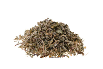 Pile of dried damiana leaves and stalks (Turnera diffusa). Close-up, front view, isolated on a white background