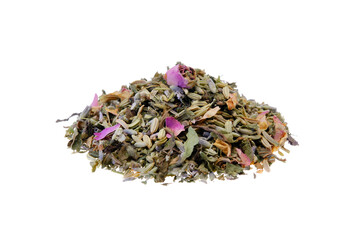 Pile of various tea herbs (lavender blossoms, fennel seeds, peppermint leaves, melissa leaves, thyme, sage). Close-up, front view, isolated on a white background