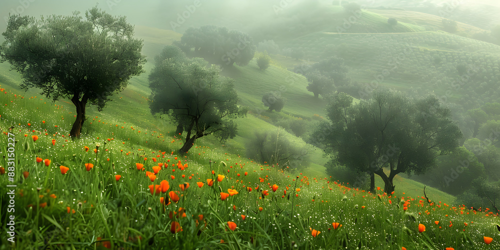 Poster Fields with trees in fog