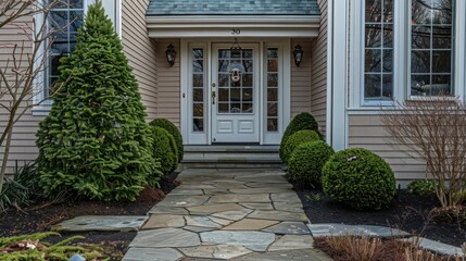 Suburban Cape Cod home with a custom flagstone walkway leading to a charming front door, complete with a vintage knocker