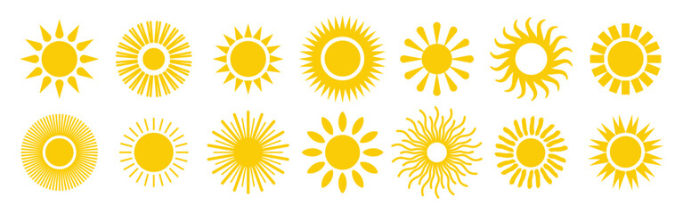 Yellow sun shine set. Sunrise, Sunset, Sunburst Icons. Hot solar energy. Vector illustration isolated on white