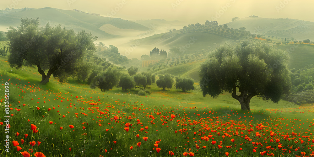 Poster Fields with trees in fog