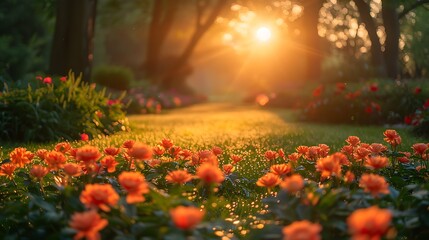 A picturesque garden at sunrise, wide-angle view showing flowers bathed in golden light, dew glistening on leaves, and mist adding a dreamy effect.