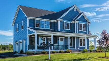 Fototapeta premium Suburban Cape Cod home with a freshly painted blue exterior, complementing the clear blue sky