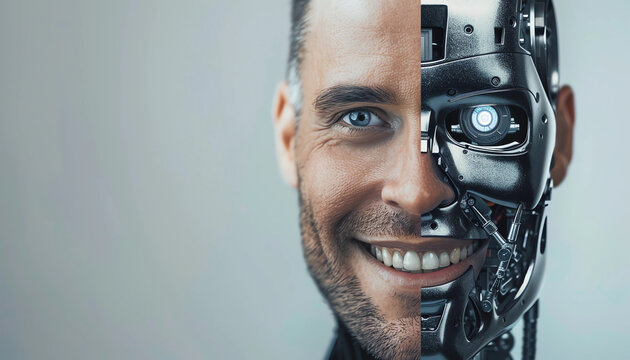 Close-up of a man smiling, revealing a split face with one half human and the other half cyborg, highlighting the fusion of humanity and advanced technology.