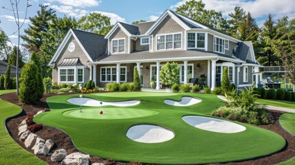 Suburban Cape Cod home with a front lawn transformed into a miniature golf course, providing endless family entertainment