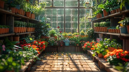 Obraz premium A picturesque greenhouse filled with thriving plants, wide-angle view capturing the lush greenery and vibrant flowers. The soft sunlight filtering through the glass enhances the colors and textures,