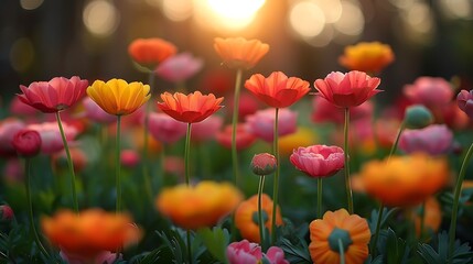 Fototapeta premium A picturesque spring garden, wide-angle view capturing a sea of colorful flowers in full bloom. The sunlight highlights the vibrant hues and delicate textures of the petals,
