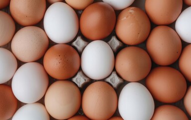 Top view of white and brown eggs arranged in a grid pattern. Fresh organic eggs make a healthy and nutritious breakfast option. - Powered by Adobe