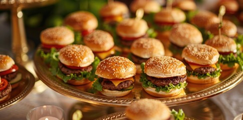 Close up of mini burgers on a tray.