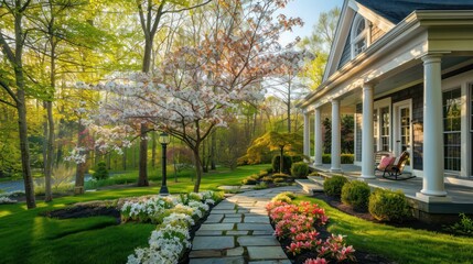 Obraz premium Suburban Colonial home at the peak of spring, with dogwood trees in bloom and a flagstone pathway leading to the porch