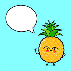 Pineapple with speech bubble. Vector hand drawn cartoon kawaii character illustration icon. Isolated on blue background. Pineapple character concept