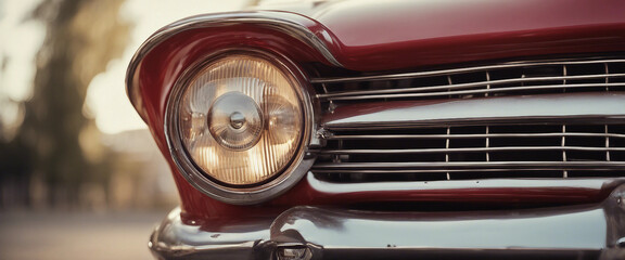 Close up shot of a classic red car headlight showcasing a vintage feel with copy space image