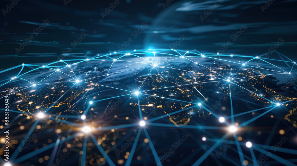 Poster global network communication concept with connected nodes and glowing lines over earth