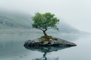 Solitary Tree on a Misty Lake