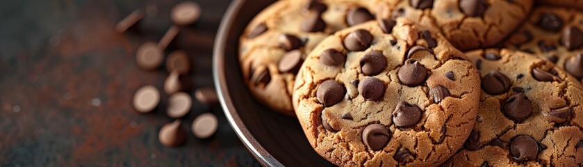 Freshly Baked Chocolate Chip Cookies on a Rustic Plate with Chocolate Chips in the Background