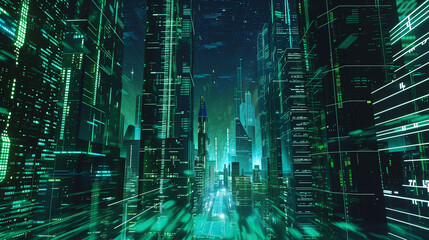 A cityscape with tall buildings and a green tint. The city appears to be futuristic and technologically advanced