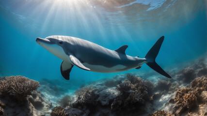 Fototapeta premium Endangered Vaquita Swimming Gracefully Above Vibrant Coral Reef Gulf of California Sunlit Turquoise Waters Underwater Marine Life Conservation Porpoise Serenity - stock photo