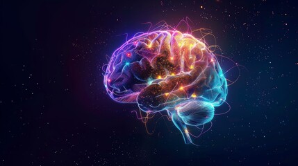 Realistic photo of human brain with glowing neurons and electrical activity on black background