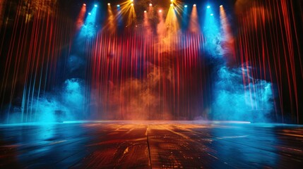 Vibrant Stage with Colorful Lighting and Smoke Effects in a Dramatic Theater Setting