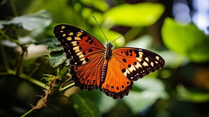Fototapeta premium A beautiful large orange butterfly sits on green leaves