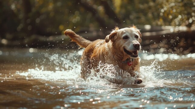 A senior dog playfully splashing in a shallow stream, enjoying a refreshing dip on a warm day.