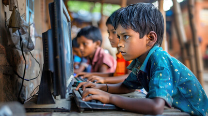 Young boys focused on learning computers in an outdoor classroom setting in a rural area