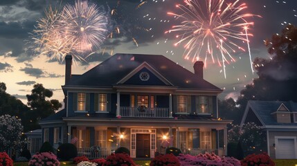 Suburban Colonial home during a festive Fourth of July celebration, complete with fireworks in the background