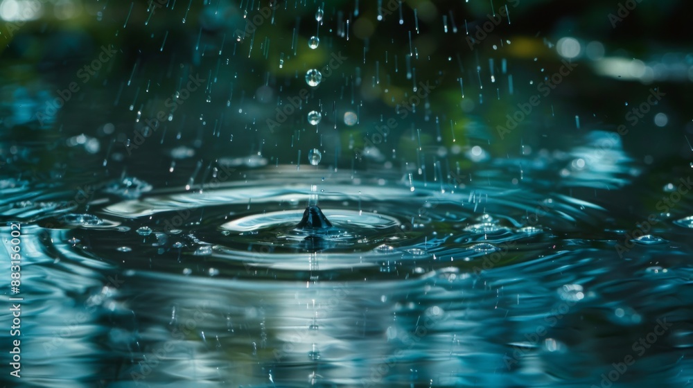 Poster a series of water droplets falling into a serene pond, captured in slow motion to emphasize tranquil