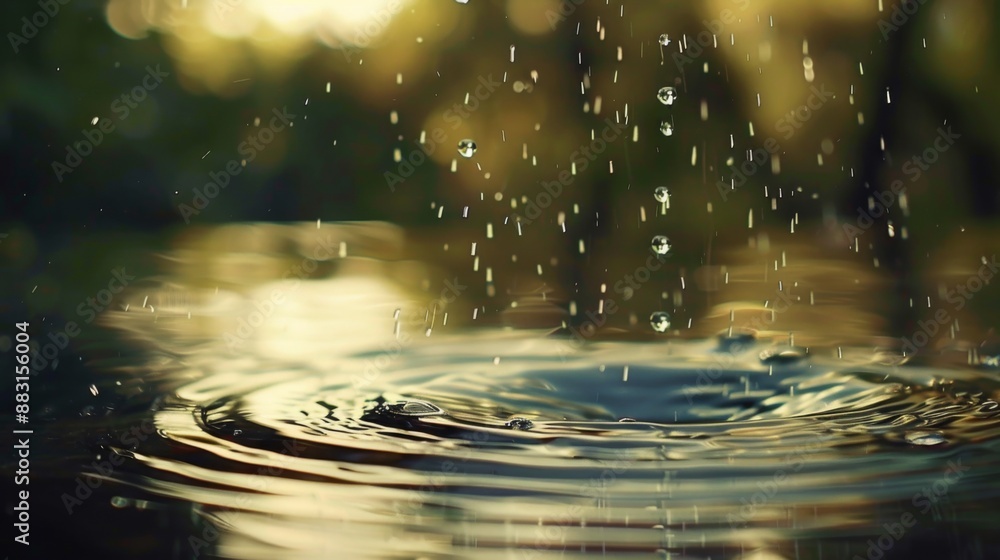 Poster a series of water droplets falling into a serene pond, captured in slow motion to emphasize tranquil