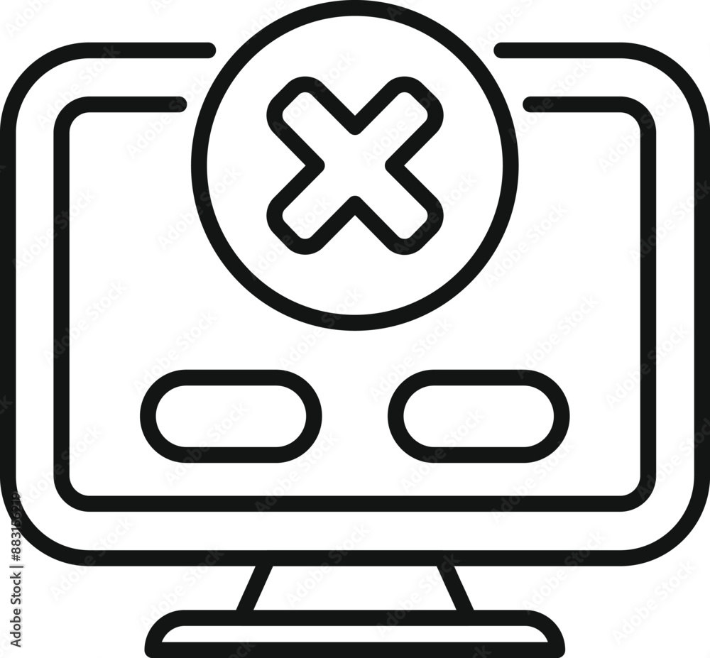 Poster computer showing error message with delete cross mark icon, thin line style icon for web and mobile 