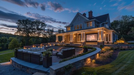 Naklejka premium Suburban Colonial home with a state-of-the-art outdoor home theater system, hidden within the landscape for movie nights under the stars