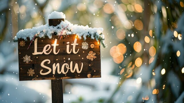 Wooden sign with "Let it Snow," covered in snow, warm lights and bokeh background